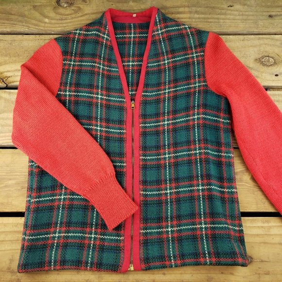 Womens Vintage Christmas Plaid V Neck Zip Up Sweater Red Green Size Small - Picture 1 of 7